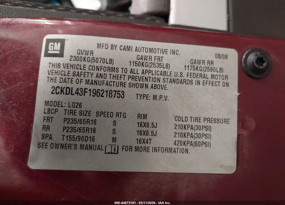 2009 PONTIAC TORRENT VIN: 2CKDL43F196218753