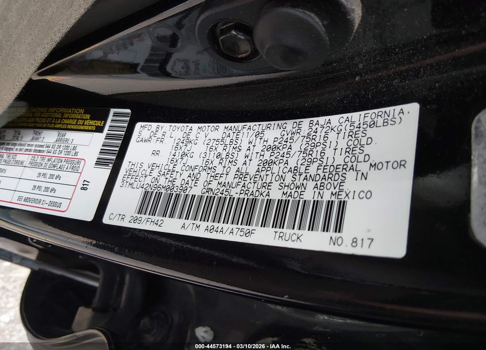 2006 TOYOTA TACOMA BASE V6 VIN: 3TMLU42N96M003907