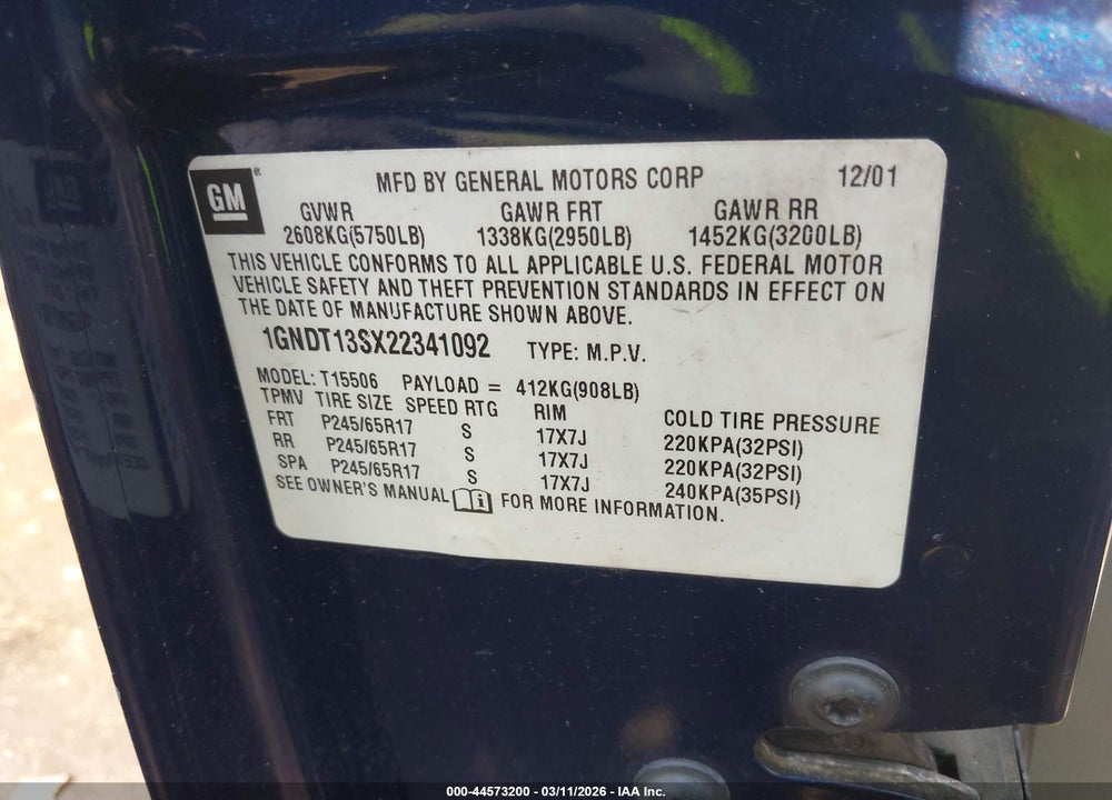 2002 CHEVROLET TRAILBLAZER LTZ VIN: 1GNDT13SX22341092