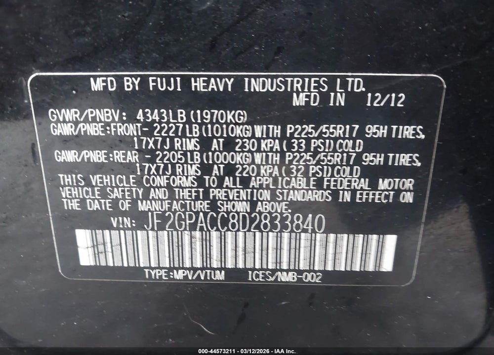 2013 SUBARU XV CROSSTREK 2.0I PREMIUM VIN: JF2GPACC8D2833840