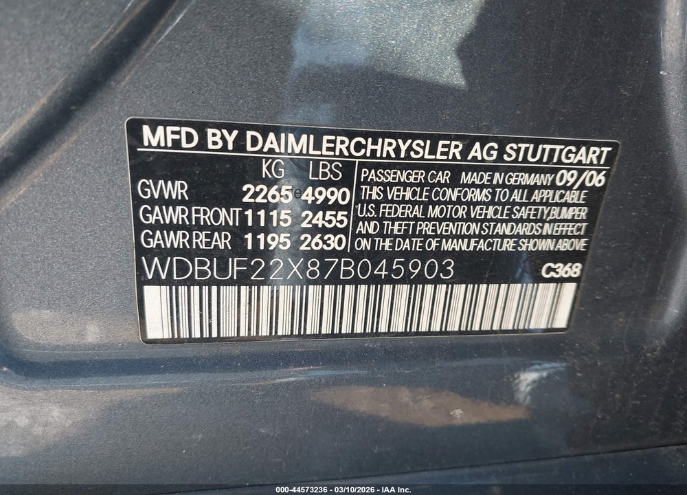 2007 MERCEDES-BENZ E 320 BLUETEC VIN: WDBUF22X87B045903