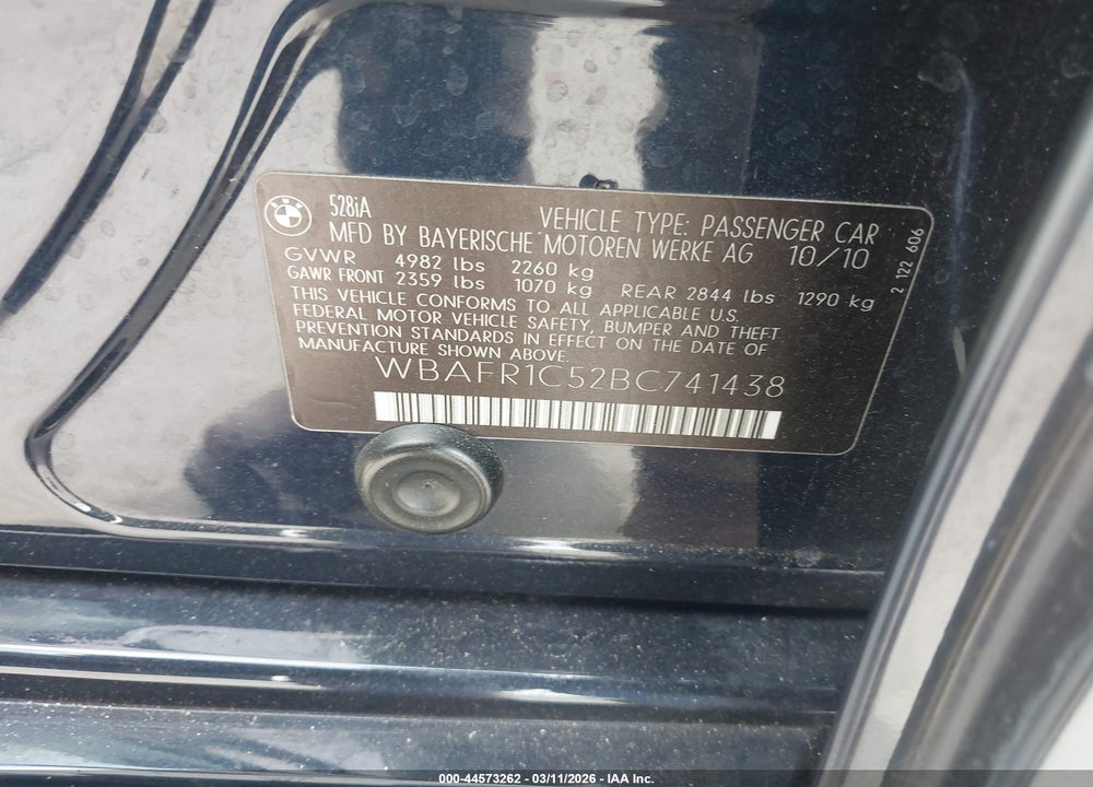 2011 BMW 528I VIN: WBAFR1C52BC741438