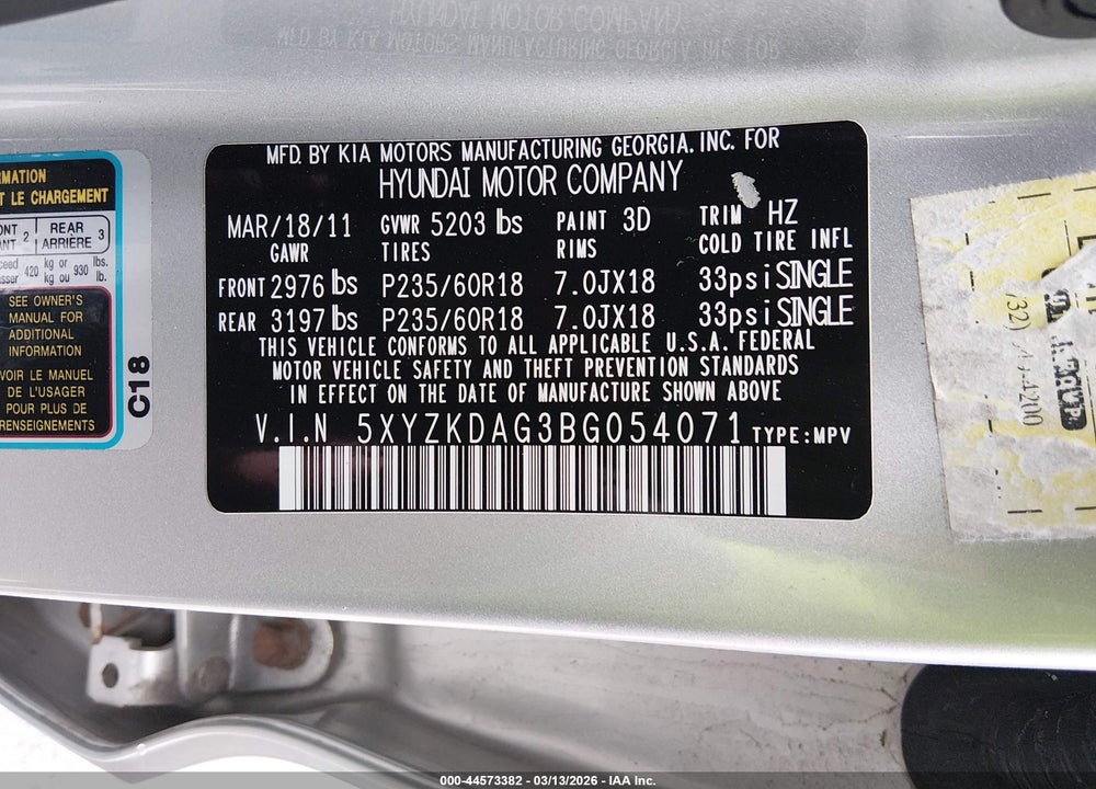 2011 HYUNDAI SANTA FE LIMITED V6 VIN: 5XYZKDAG3BG054071