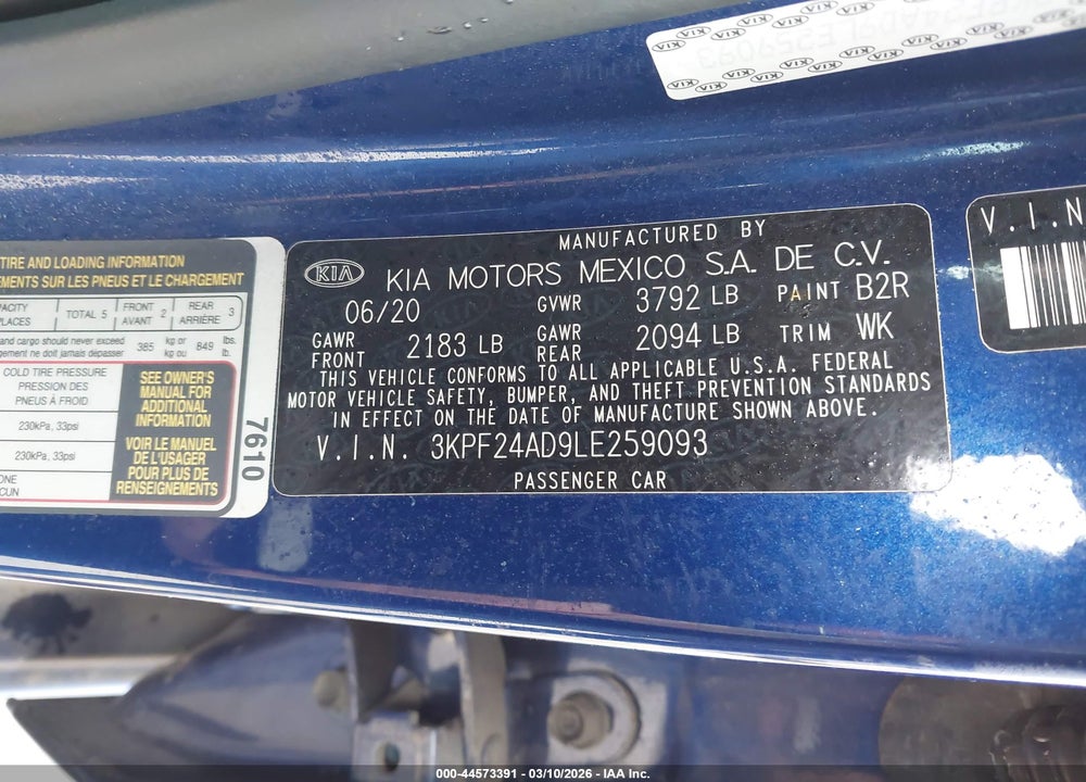 2020 KIA FORTE LXS VIN: 3KPF24AD9LE259093