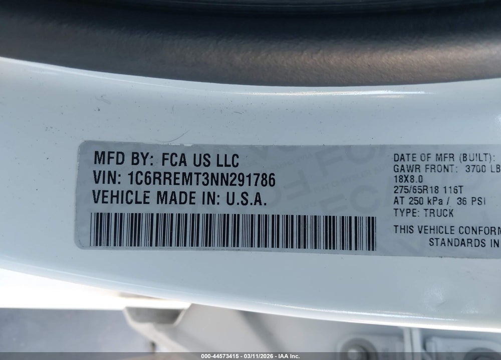 2022 RAM 1500 BIG HORN  4X2 6'4 BOX VIN: 1C6RREMT3NN291786