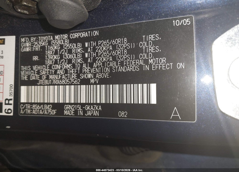 2006 TOYOTA 4RUNNER LIMITED V6 VIN: JTEBU17RX68057562