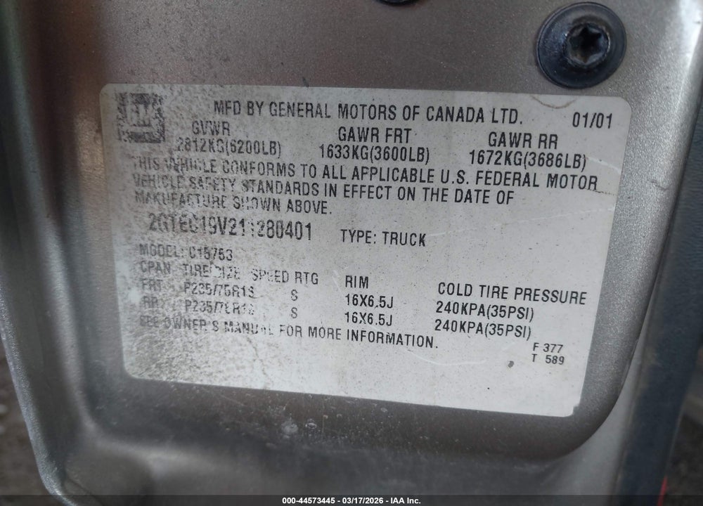 2001 GMC SIERRA 1500 SLE VIN: 2GTEC19V211280401