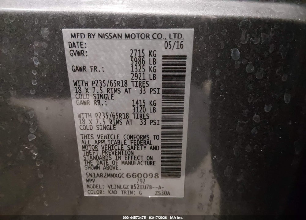 2016 NISSAN PATHFINDER S/SV/SL/PLATINUM VIN: 5N1AR2MMXGC660098