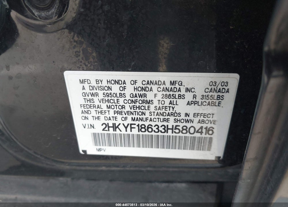 2003 HONDA PILOT EXL VIN: 2HKYF18633H580416