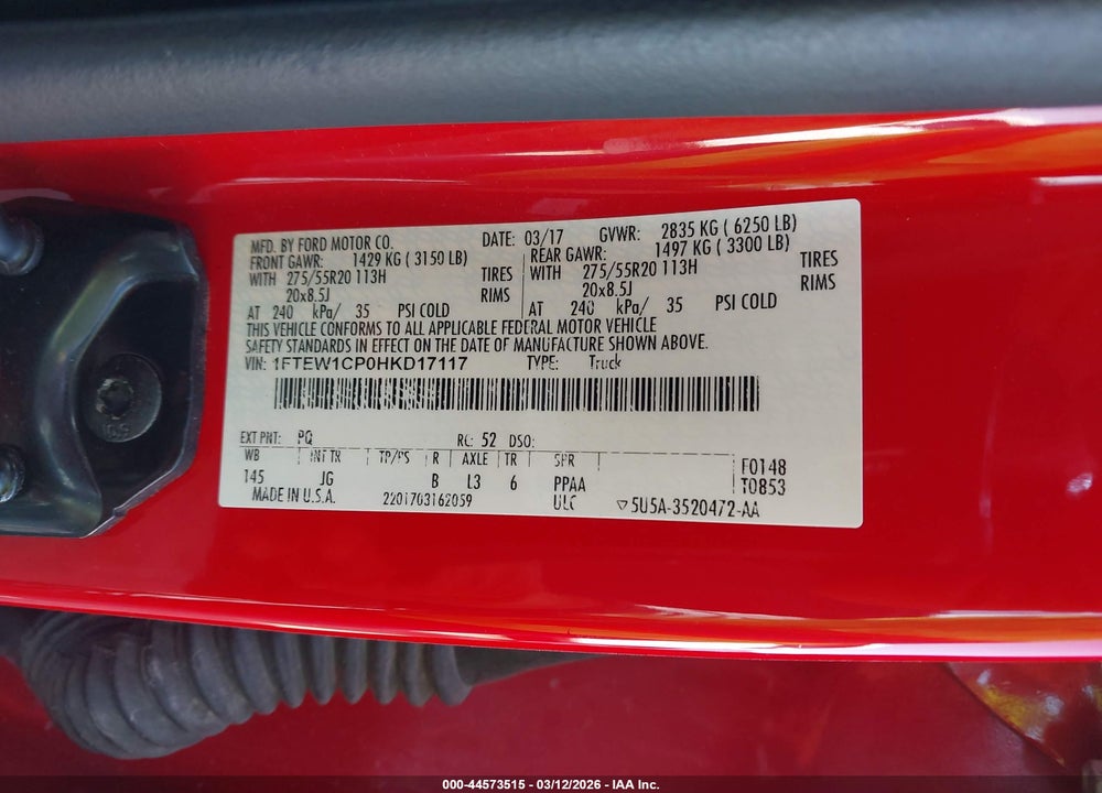 2017 FORD F-150 XL VIN: 1FTEW1CP0HKD17117