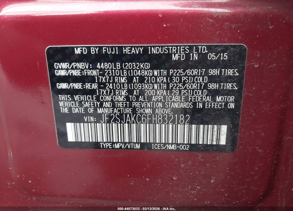 2015 SUBARU FORESTER 2.5I LIMITED VIN: JF2SJAKC6FH832182