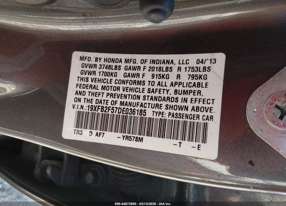 2013 HONDA CIVIC LX VIN: 19XFB2F57DE036185