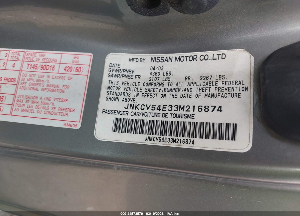 2003 INFINITI G35 BASE W/LEATHER VIN: JNKCV54E33M216874