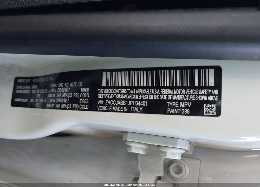 2018 JEEP RENEGADE LATITUDE FWD VIN: ZACCJABB1JPH34401