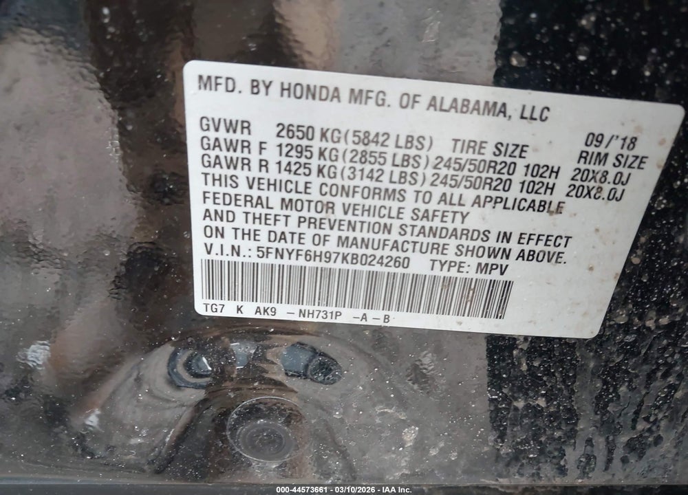 2019 HONDA PILOT TOURING VIN: 5FNYF6H97KB024260
