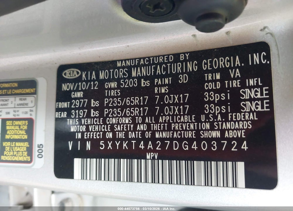 2013 KIA SORENTO LX V6 VIN: 5XYKT4A27DG403724