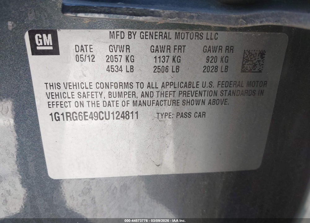 2012 CHEVROLET VOLT VIN: 1G1RG6E49CU124811