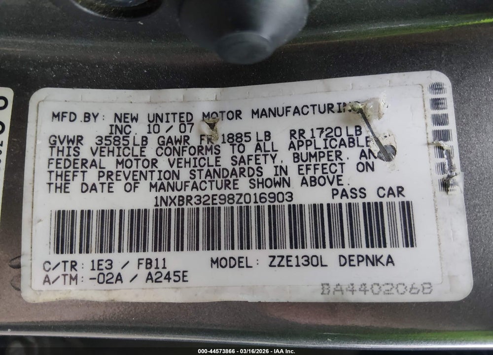 2008 TOYOTA COROLLA LE VIN: 1NXBR32E98Z016903