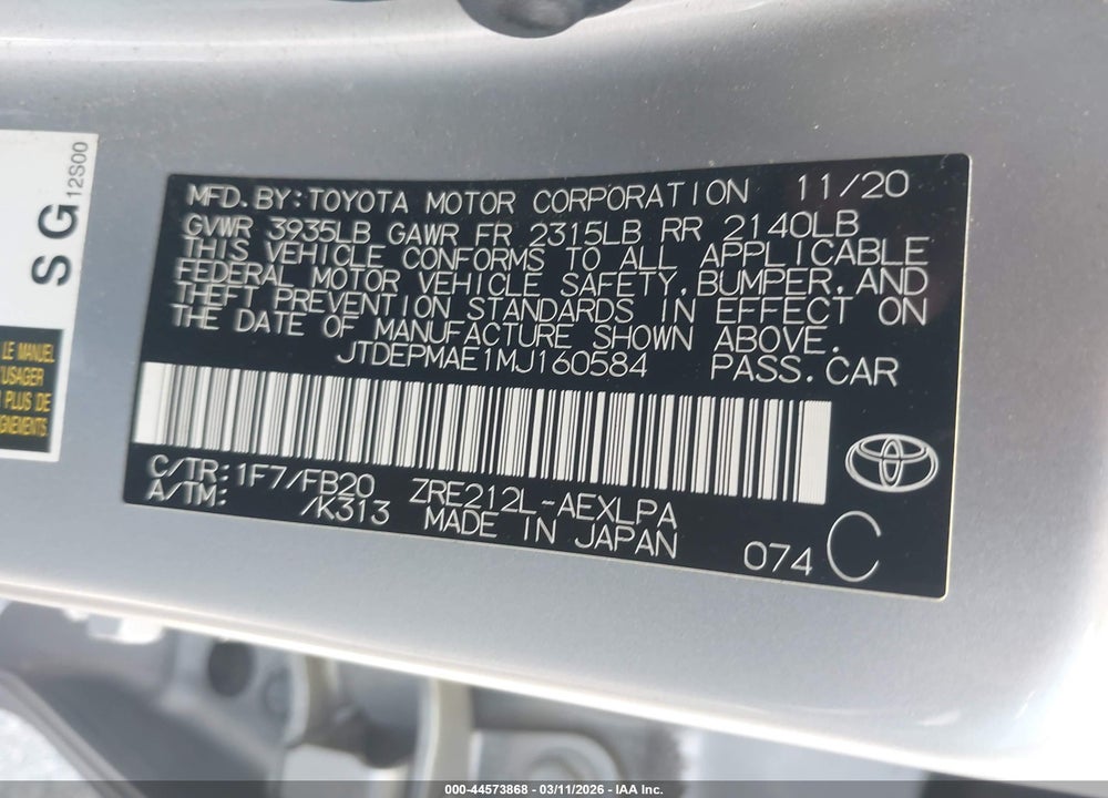2021 TOYOTA COROLLA LE VIN: JTDEPMAE1MJ160584