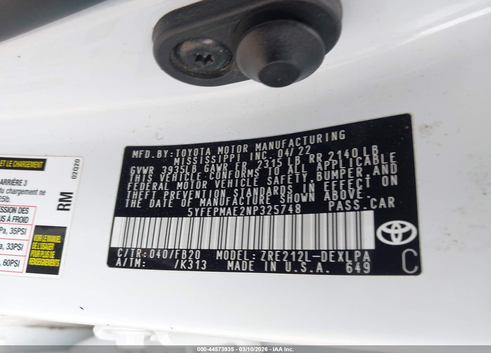 2022 TOYOTA COROLLA LE VIN: 5YFEPMAE2NP325748