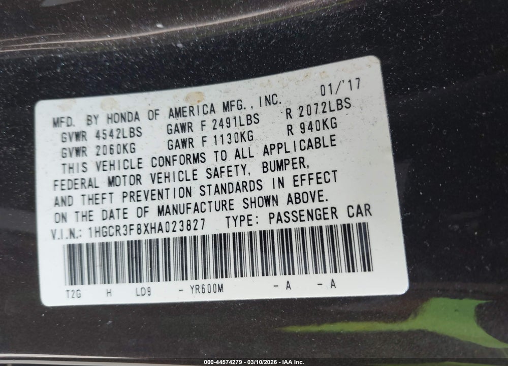 2017 HONDA ACCORD EX-L V6 VIN: 1HGCR3F8XHA023827