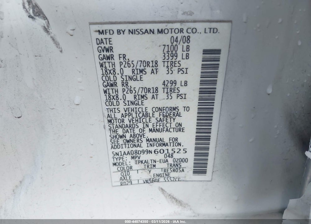 2009 NISSAN ARMADA SE VIN: 5N1AA08D99N601525