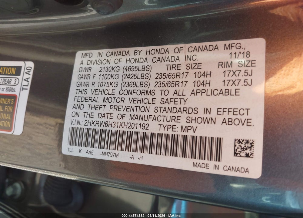 2019 HONDA CR-V LX VIN: 2HKRW6H31KH201192