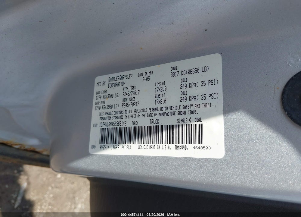 2005 DODGE RAM 1500 SLT/LARAMIE VIN: 1D7HU18N45S363142