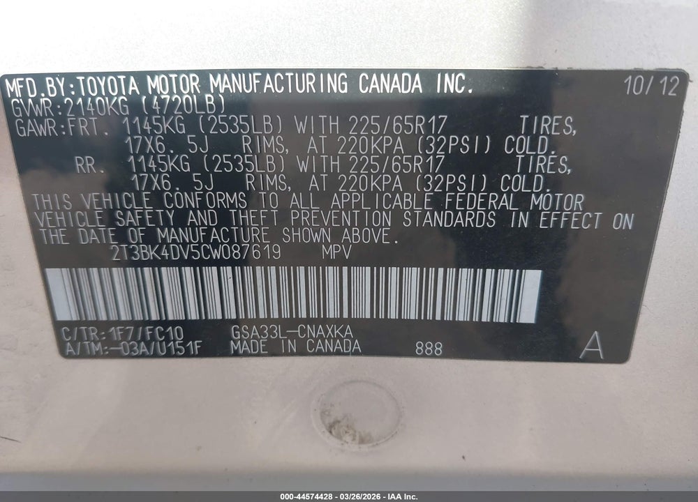 2012 TOYOTA RAV4 BASE V6 VIN: 2T3BK4DV5CW087619