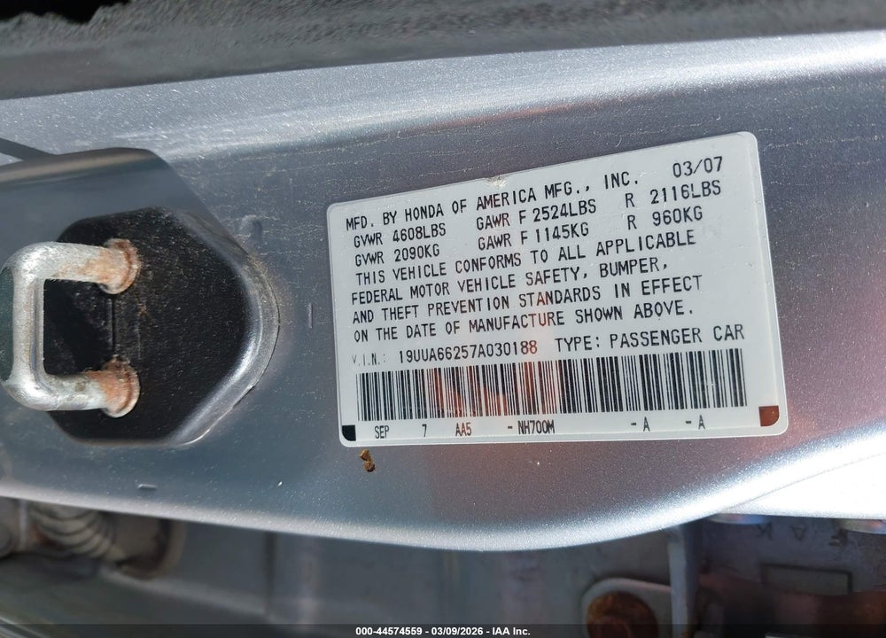 2007 ACURA TL 3.2 VIN: 19UUA66257A030188