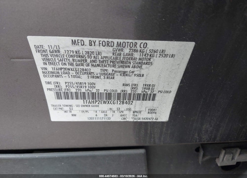 2012 FORD TAURUS SEL VIN: 1FAHP2EWXCG128402