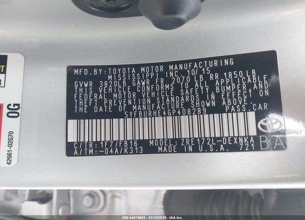 2016 TOYOTA COROLLA LE VIN: 5YFBURHE4GP408289