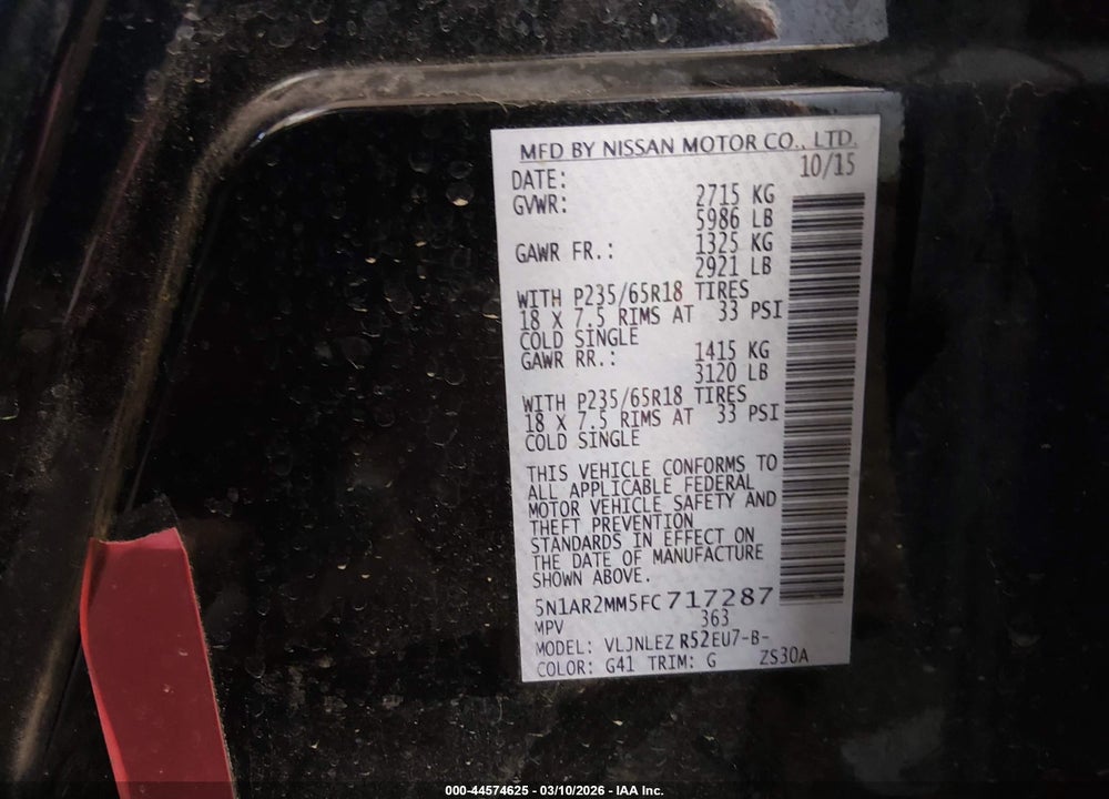 2015 NISSAN PATHFINDER SV VIN: 5N1AR2MM5FC717287