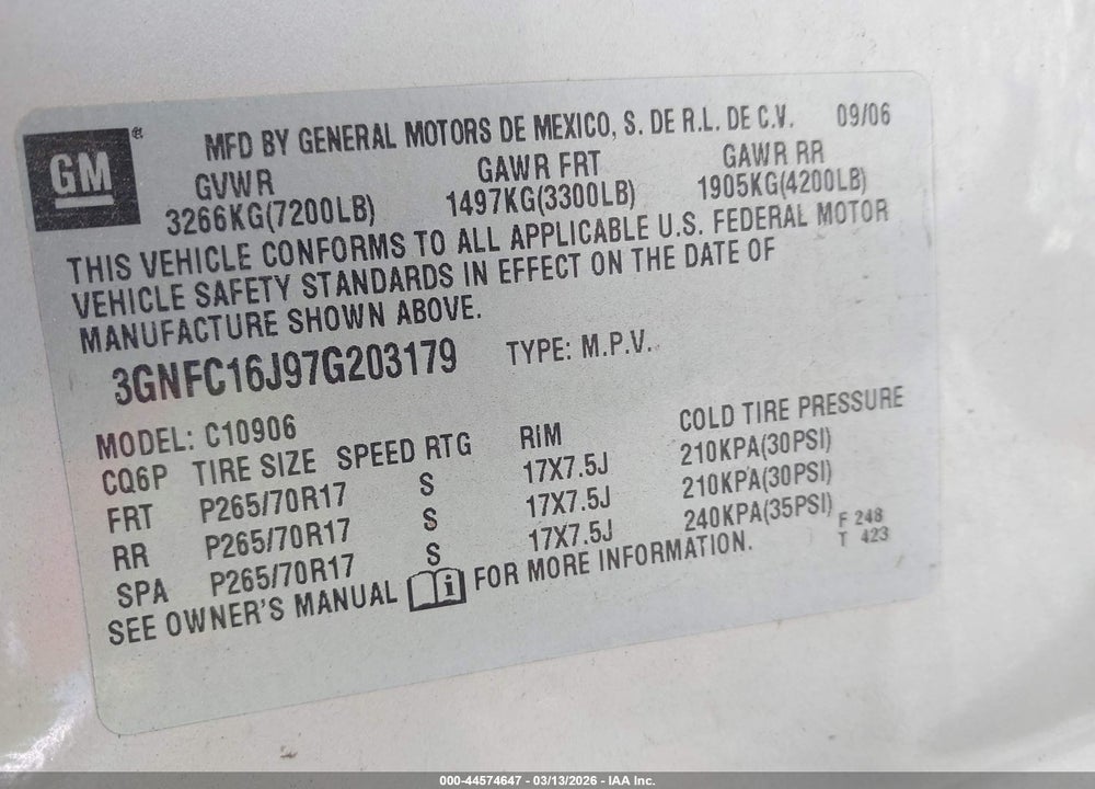 2007 CHEVROLET SUBURBAN 1500 LT VIN: 3GNFC16J97G203179
