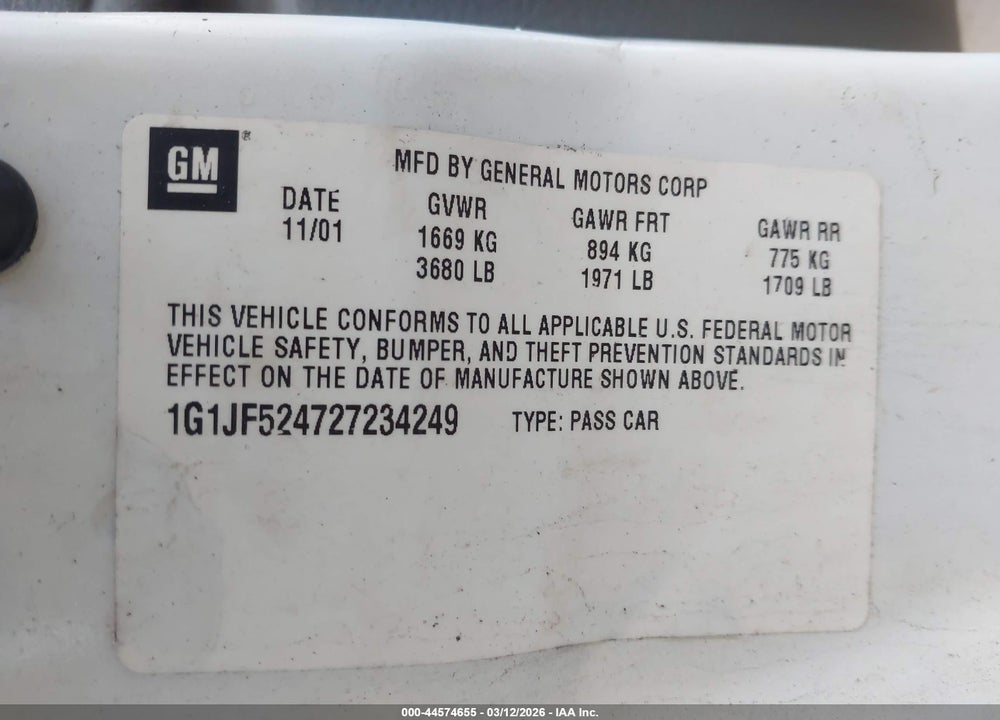 2002 CHEVROLET CAVALIER LS VIN: 1G1JF524727234249