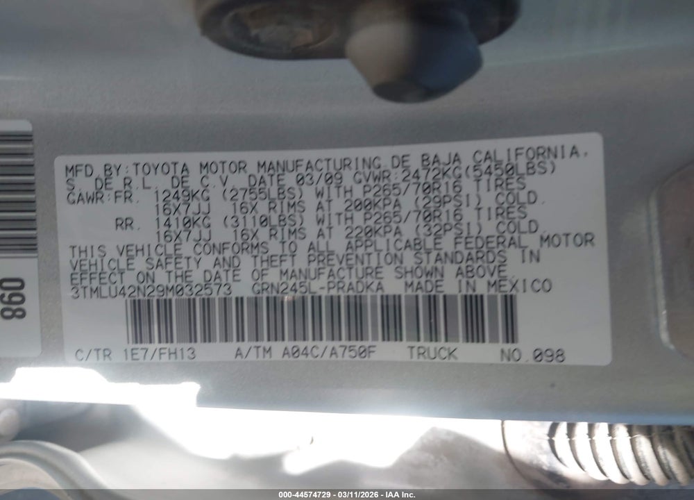 2009 TOYOTA TACOMA BASE V6 VIN: 3TMLU42N29M032573