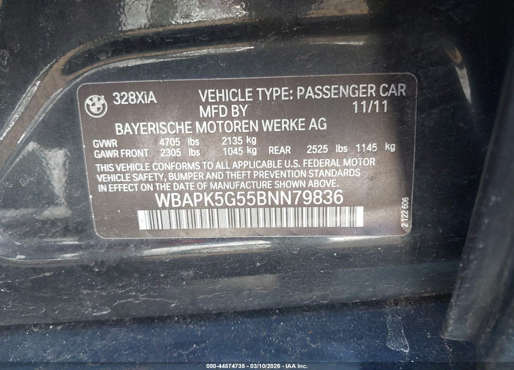 2011 BMW 328I XDRIVE VIN: WBAPK5G55BNN79836