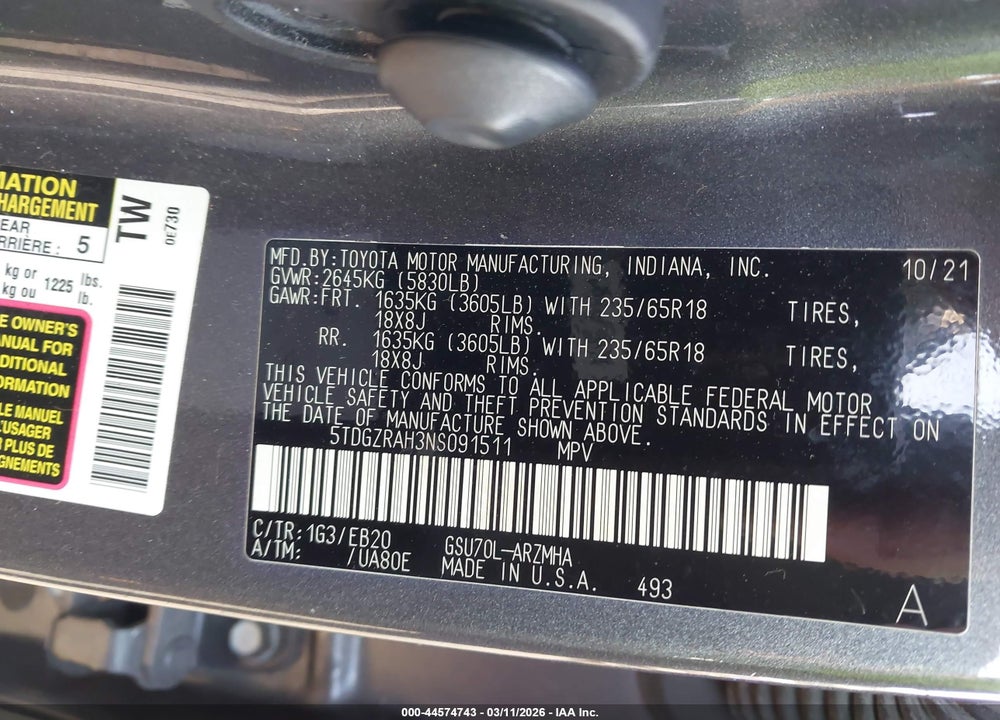 2022 TOYOTA HIGHLANDER XLE VIN: 5TDGZRAH3NS091511