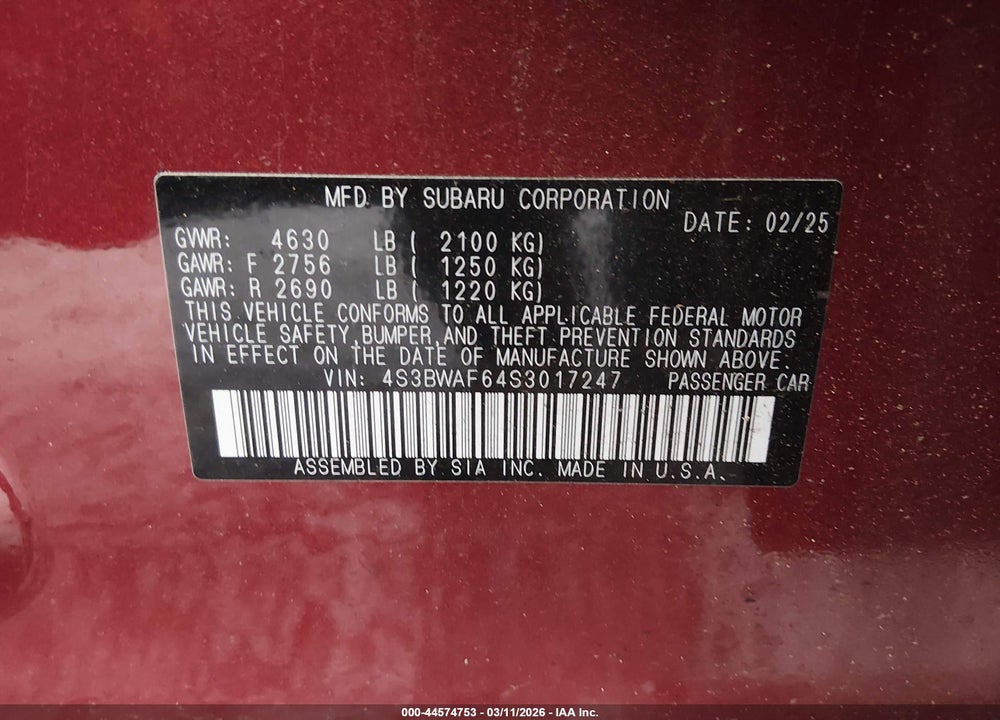 2025 SUBARU LEGACY PREMIUM VIN: 4S3BWAF64S3017247