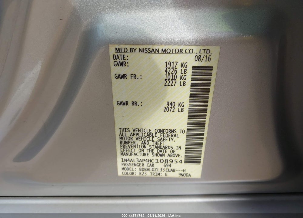 2017 NISSAN ALTIMA 2.5 S VIN: 1N4AL3AP4HC108954
