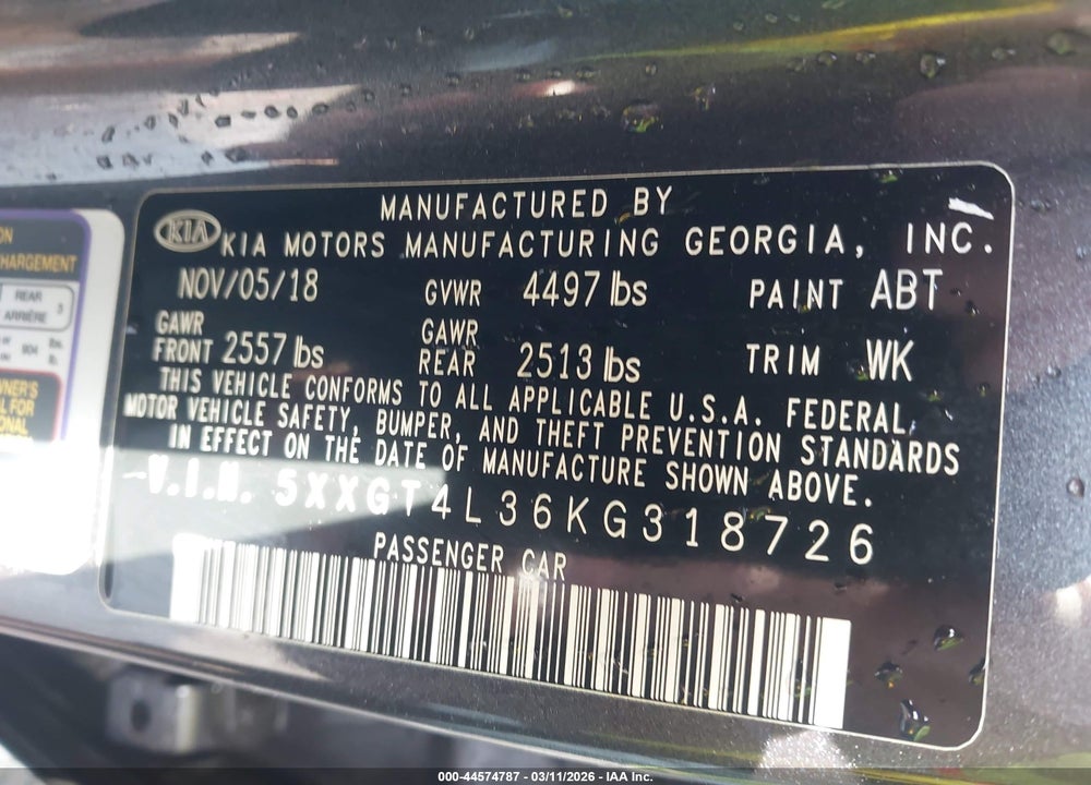 2019 KIA OPTIMA S VIN: 5XXGT4L36KG318726