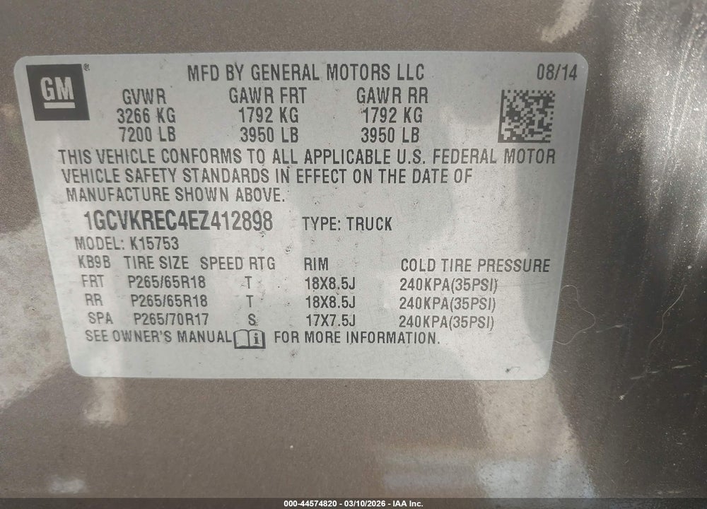 2014 CHEVROLET SILVERADO 1500 1LT VIN: 1GCVKREC4EZ412898