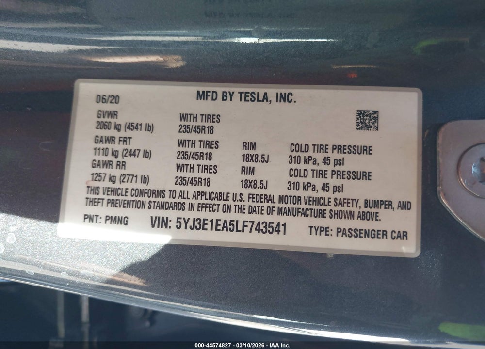 2020 TESLA MODEL 3 VIN: 5YJ3E1EA5LF743541