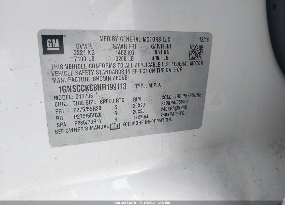 2017 CHEVROLET TAHOE PREMIER VIN: 1GNSCCKC8HR199113
