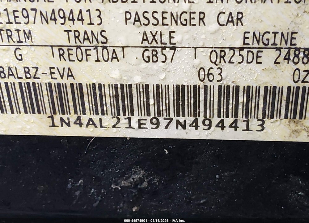 2007 NISSAN ALTIMA 2.5 S VIN: 1N4AL21E97N494413