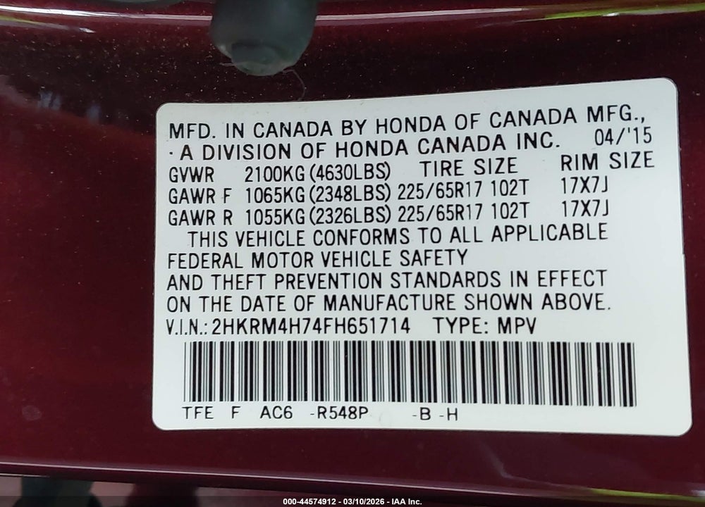 2015 HONDA CR-V EX-L VIN: 2HKRM4H74FH651714