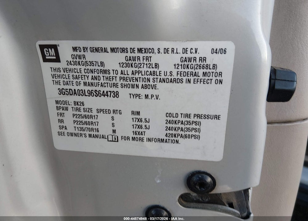 2006 BUICK RENDEZVOUS CX VIN: 3G5DA03L96S644738