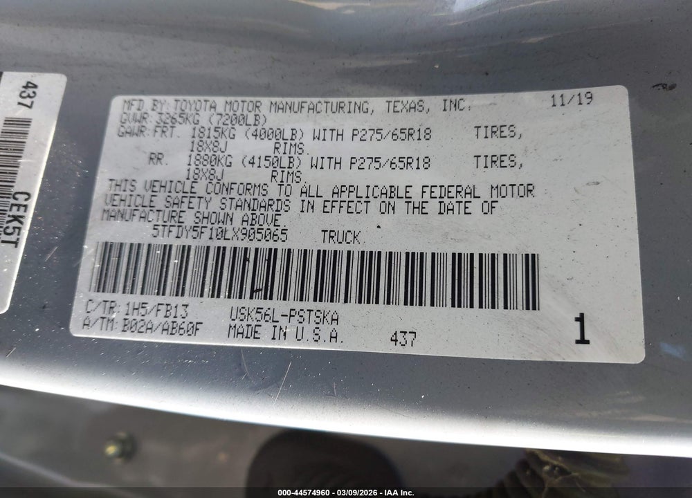 2020 TOYOTA TUNDRA SR5 VIN: 5TFDY5F10LX905065