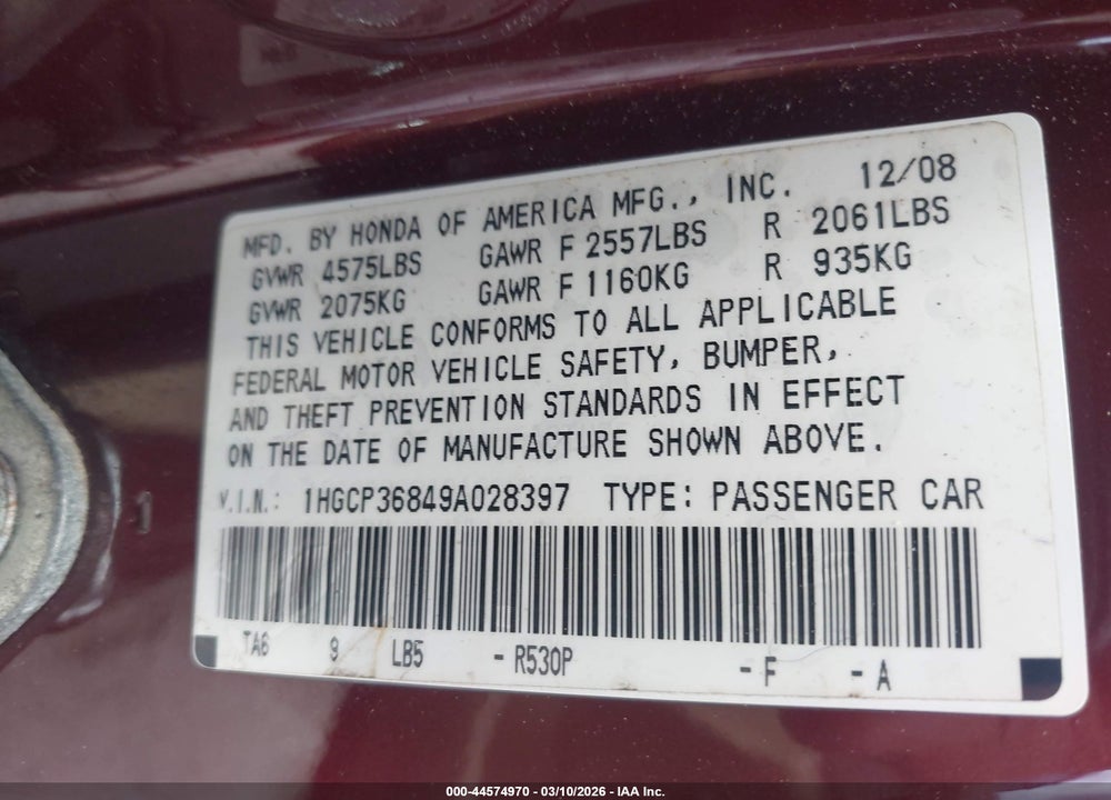 2009 HONDA ACCORD 3.5 EX-L VIN: 1HGCP36849A028397