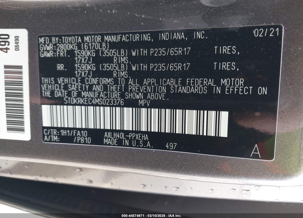 2021 TOYOTA SIENNA LE VIN: 5TDKRKEC4MS023376